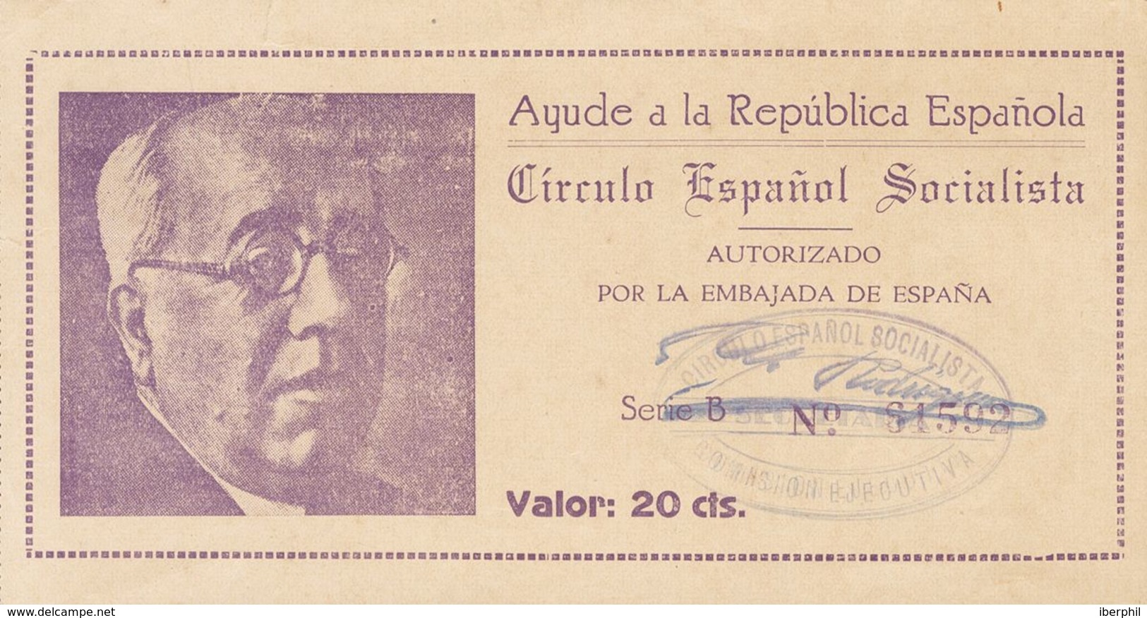 (*). (1936ca). 20 Cts Lila Castaño. CIRCULO ESPAÑOL SOCIALISTA, Realizado En Cuba Con La Efigie De Azaña. MAGNIFICO Y RA - Otros & Sin Clasificación