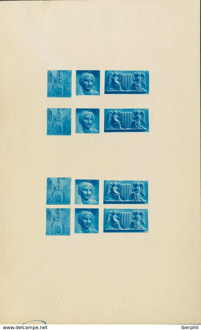 (*)19. 1938. PRUEBA DOBLE, En Color Azul Del Diseño Adoptado De La PUERTA GOTICA DEL AYUNTAMIENTO, Además De Dos Diseños - Autres & Non Classés