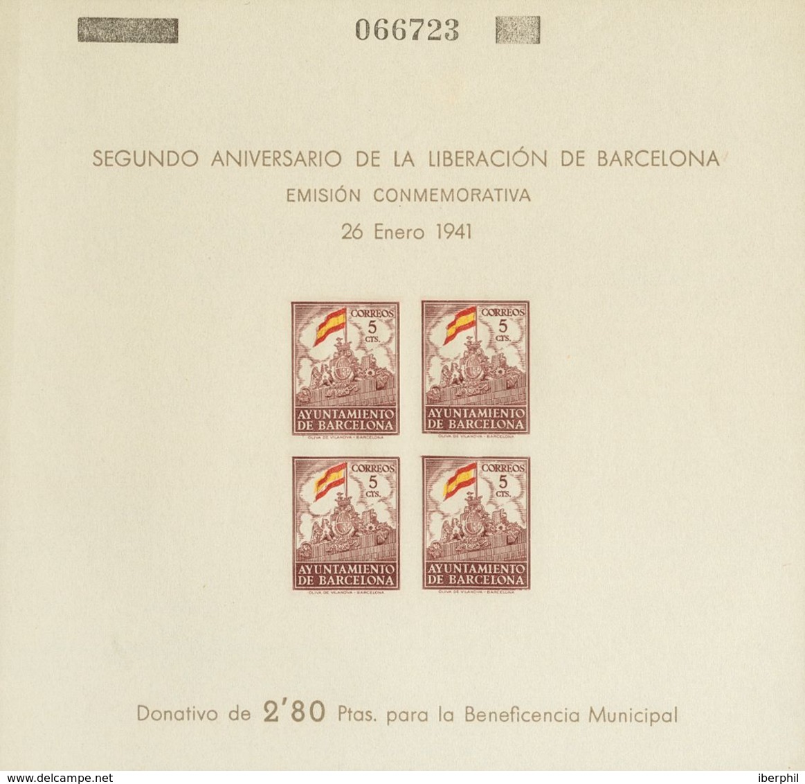 (*)29s. 1941. 5 Cts Castaño, Rojo Y Amarillo, Hoja Bloque. Variedad CON NUMERACION EN LA PARTE SUPERIOR (sin Dentar). MA - Other & Unclassified