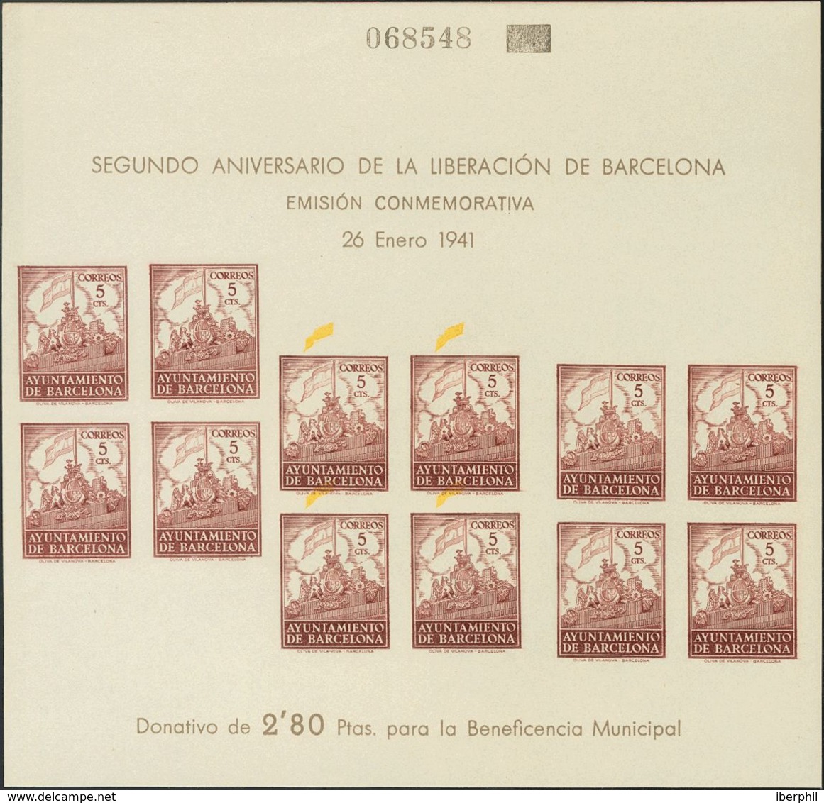 (*)29s. 1941. 5 Cts Castaño, Amarillo, Hoja Bloque. Variedad TRIPLE IMPRESION DEL COLOR CASTAÑO, SIN IMPRESION DEL COLOR - Other & Unclassified