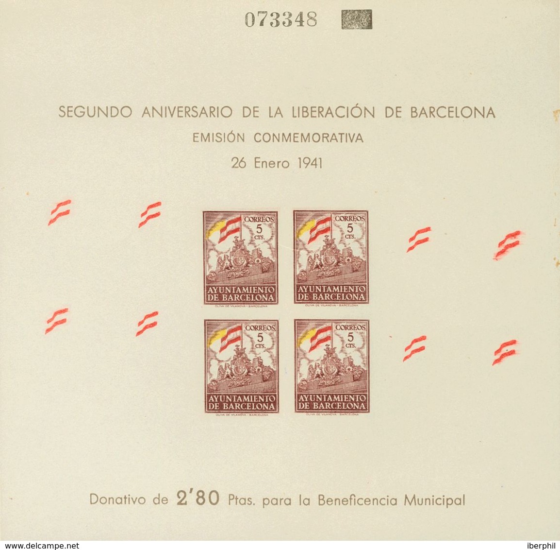 (*)29s. 1941. 5 Cts Castaño, Rojo Y Amarillo, Hoja Bloque. Variedad TRIPLE IMPRESION DEL COLOR ROJO, COLOR AMARILLO DESP - Otros & Sin Clasificación