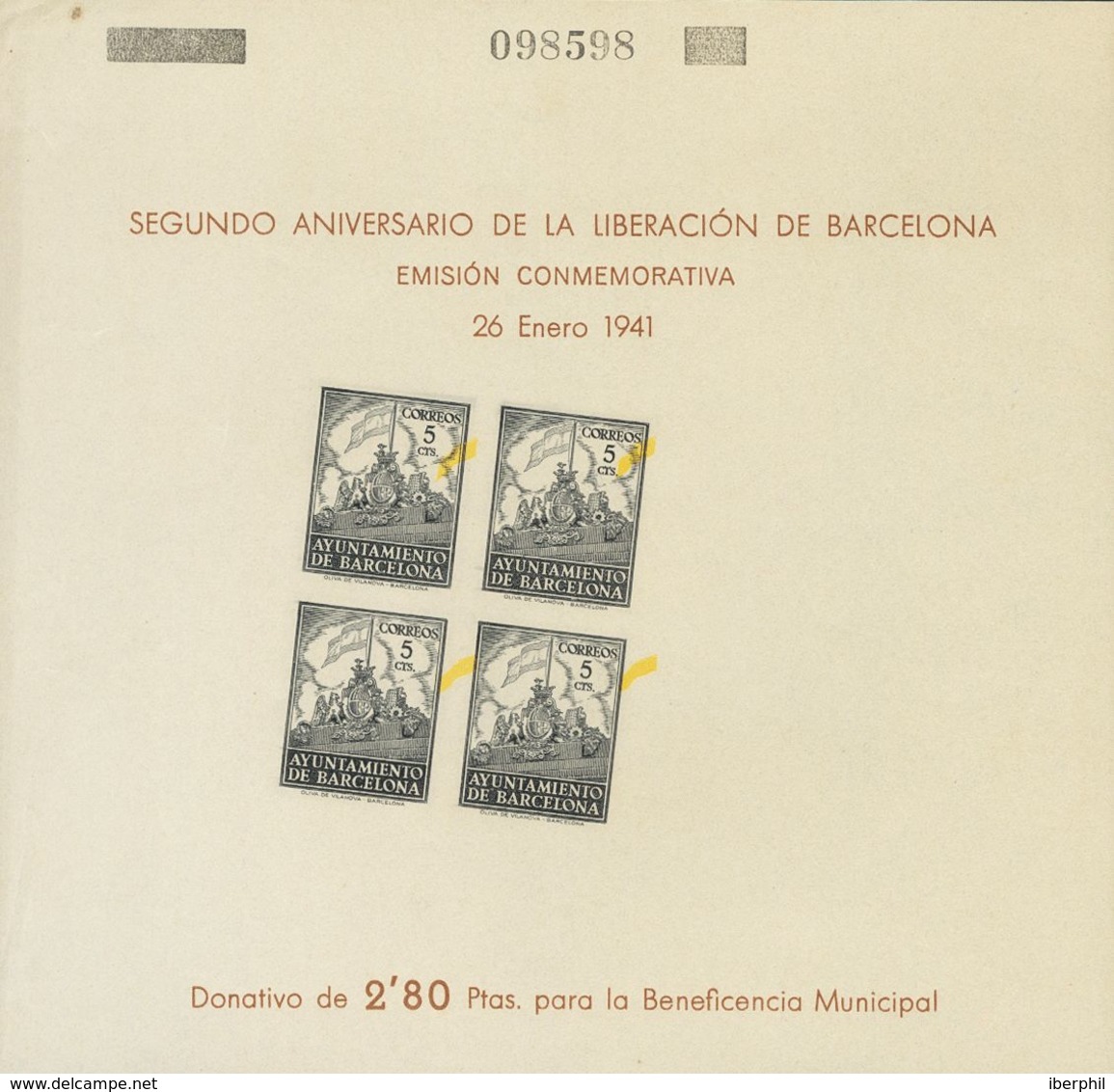 (*)30s. 1941. 5 Cts Negro Y Amarillo, Hoja Bloque. Variedad COLOR ROJO OMITIDO, COLOR NEGRO DESPLAZADO Y CON NUMERACION  - Other & Unclassified