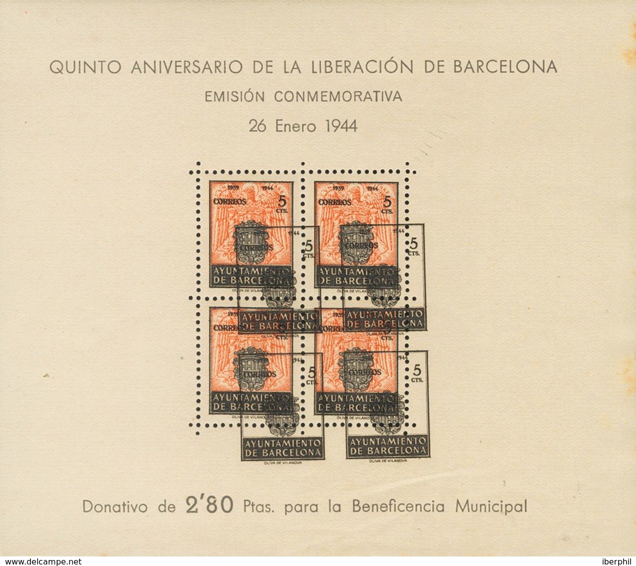 **61ed. 1944. 5 Cts Negro Y Naranja, Hoja Bloque. Variedad DOBLE IMPRESION DEL COLOR NEGRO. MAGNIFICA. Edifil 2017: +52  - Autres & Non Classés