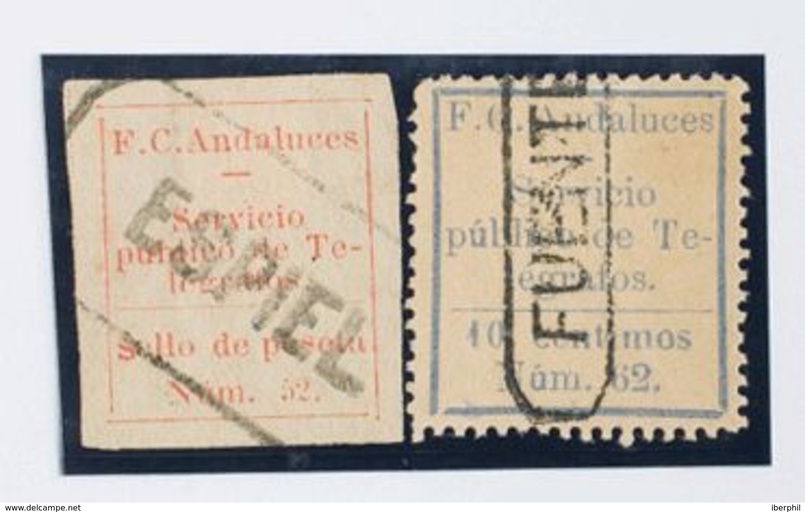 º2, 7. 1883. 1 Pts Rojo Y 10 Cts Azul Claro FERROCARRILES ANDALUCES. Matasellos Lienales ESPIEL Y FUENTEOVEJUNA. MAGNIFI - Télégraphe