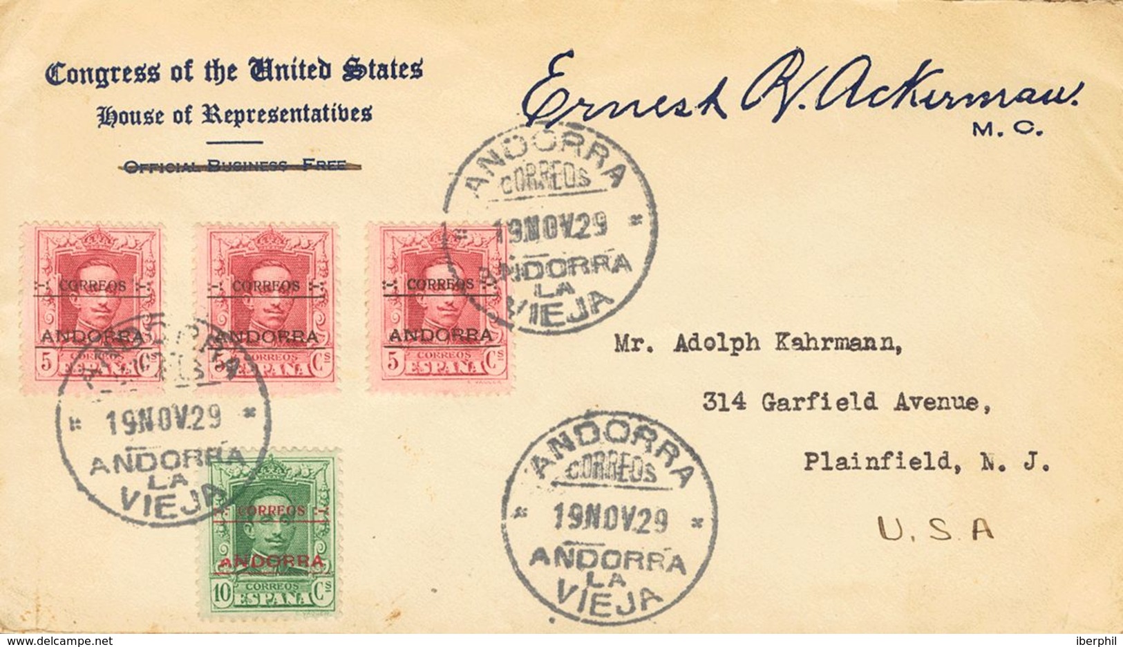 SOBRE 2(3), 3. 1929. 5 Cts Carmín Rojo, Tres Sellos Y 10 Cts Verde. Carta Filatélica De ANDORRA LA VIEJA A PLAINFIELD (U - Other & Unclassified