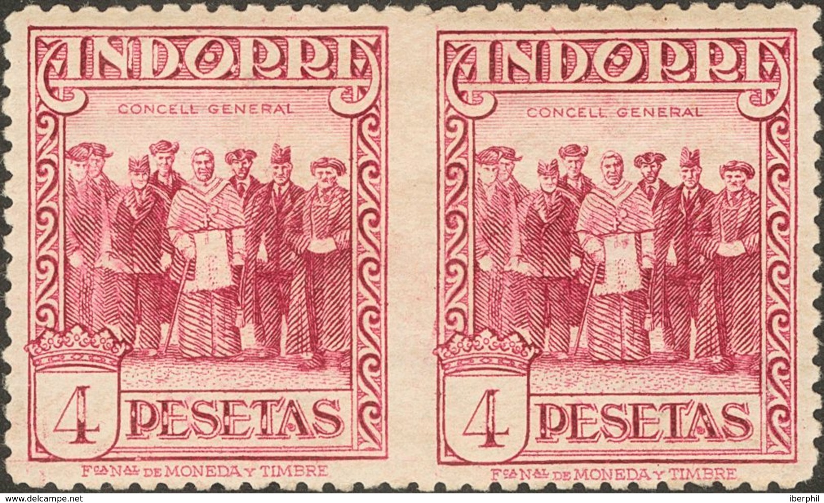 *25sph. 1929. 4 Pts Carmín, Pareja. Variedad SIN DENTAR ENTRE LOS SELLOS. MAGNIFICA Y RARA. Edifil 2013: 775 Euros - Autres & Non Classés