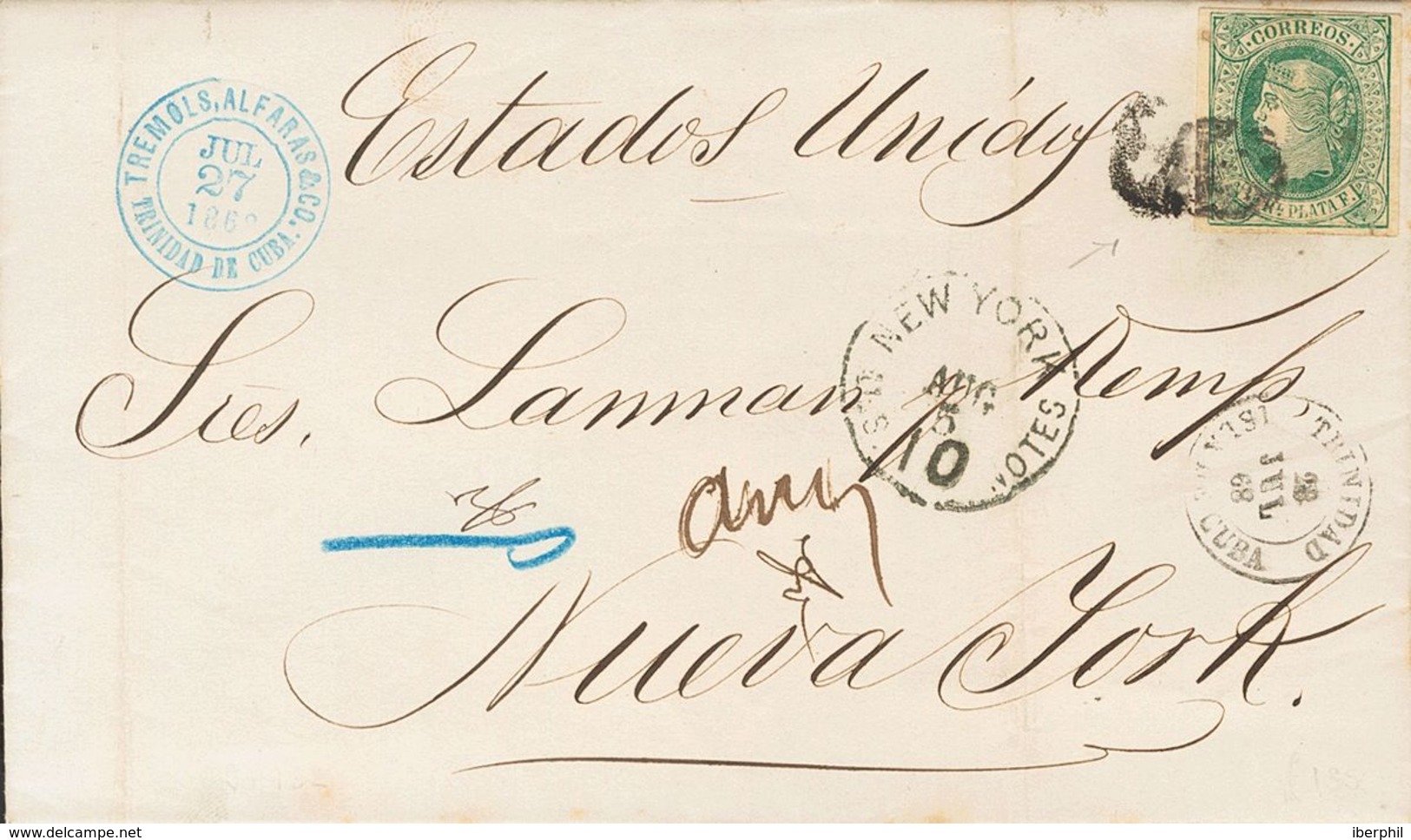 SOBRE. 1868. ½ Real Verde. TRINIDAD (CUBA) A NUEVA YORK. MAGNIFICA. - Cuba (1874-1898)