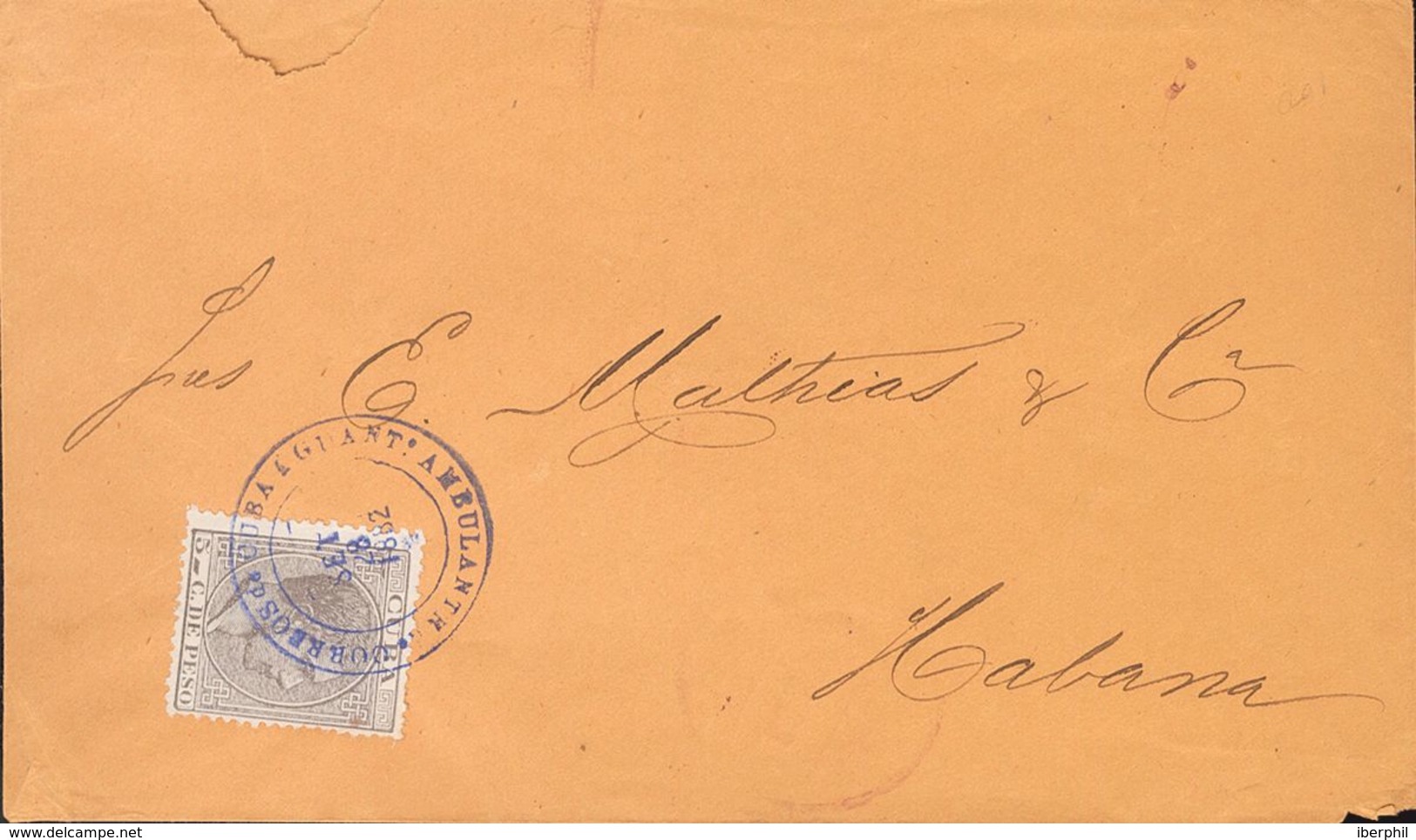 SOBRE 71. 1882. 5 Ctvos Gris Azulado. GUANTANAMO (CUBA) A LA HABANA. Matasello CORREOS DE CUBA A GUANTº / AMBULANTE, En  - Cuba (1874-1898)