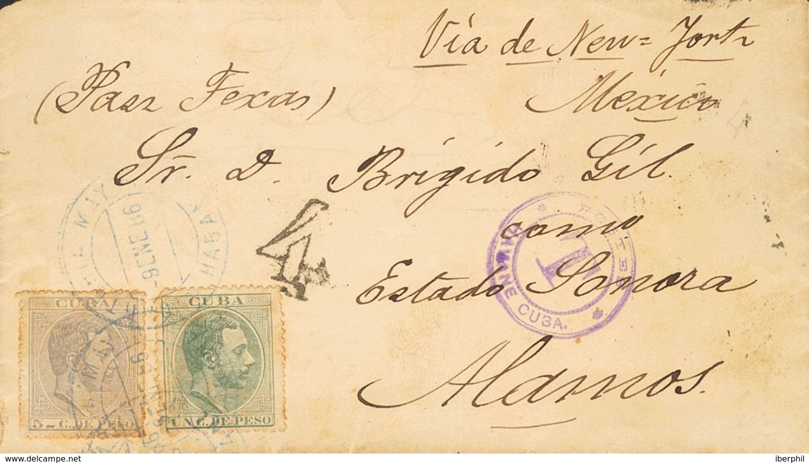 SOBRE 95, 100. 1886. 1 Ctvo Verde Gris Y 5 Ctvos Azul-gris (Tipo II). LA HABANA A ALAMOS (SONORA, MEJICO). Matasello CAR - Cuba (1874-1898)