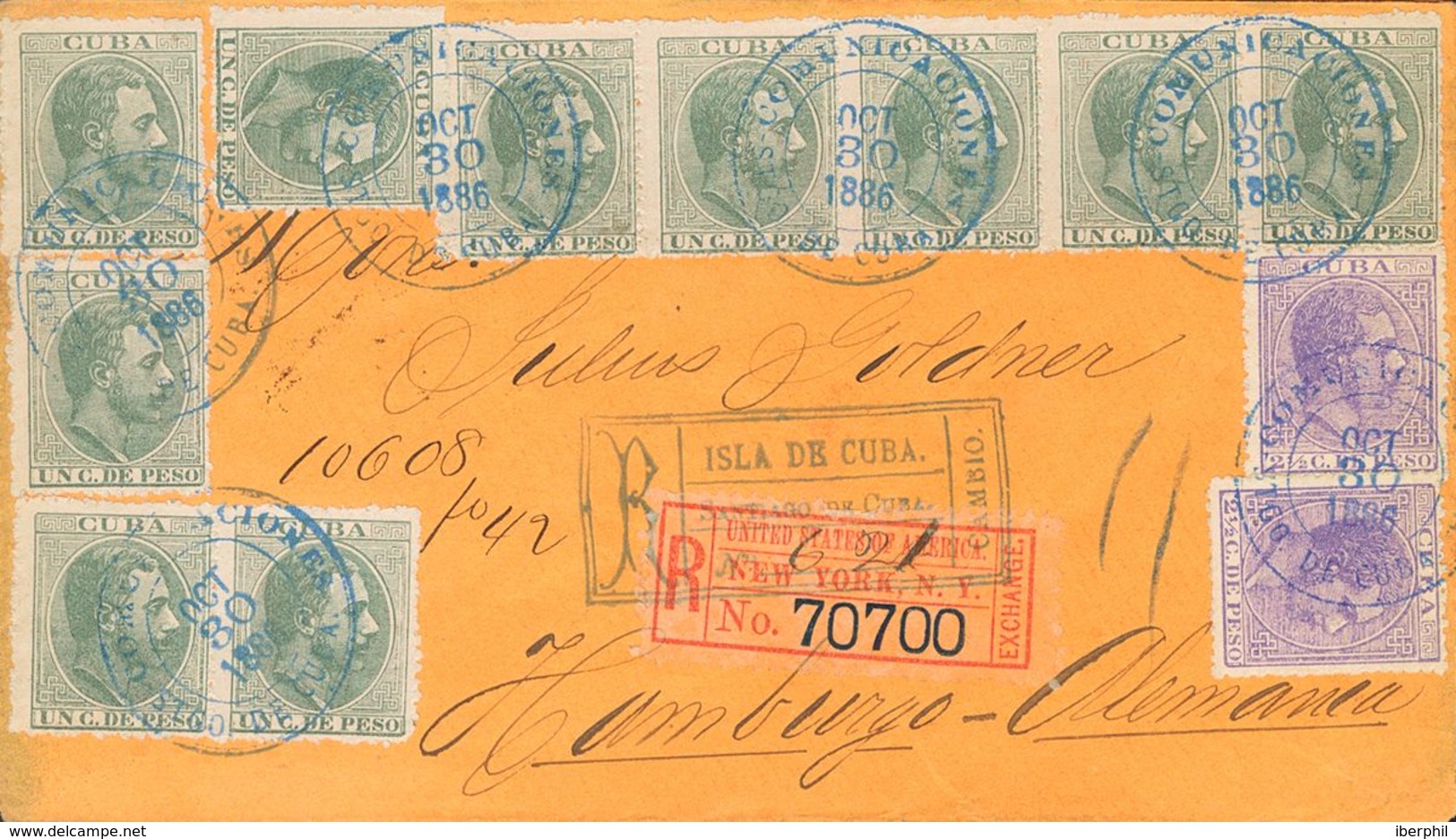 SOBRE 96(2), 68. 1886. 1 Ctvo Verde, Diez Sellos Y 2 ½ Ctvos Lila, Dos Sellos. Certificado De SANTIAGO DE CUBA A HAMBURG - Cuba (1874-1898)