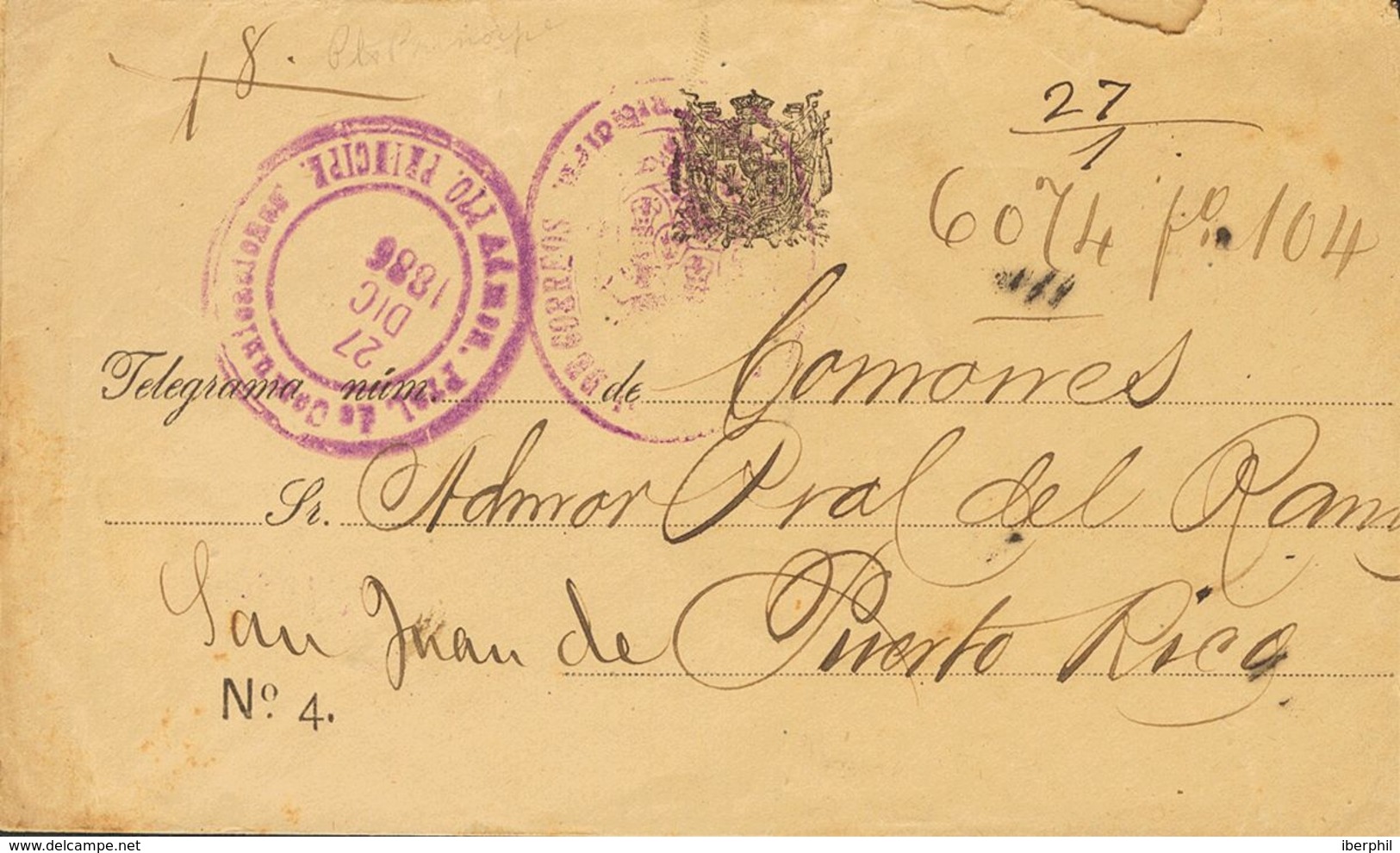 SOBRE. 1886. Telegrama De PUERTO PRINCIPE (CUBA) A SAN JUAN (PUERTO RICO). Fechador ADMON PRAL DE COMUNICACIONES / PTO.  - Cuba (1874-1898)