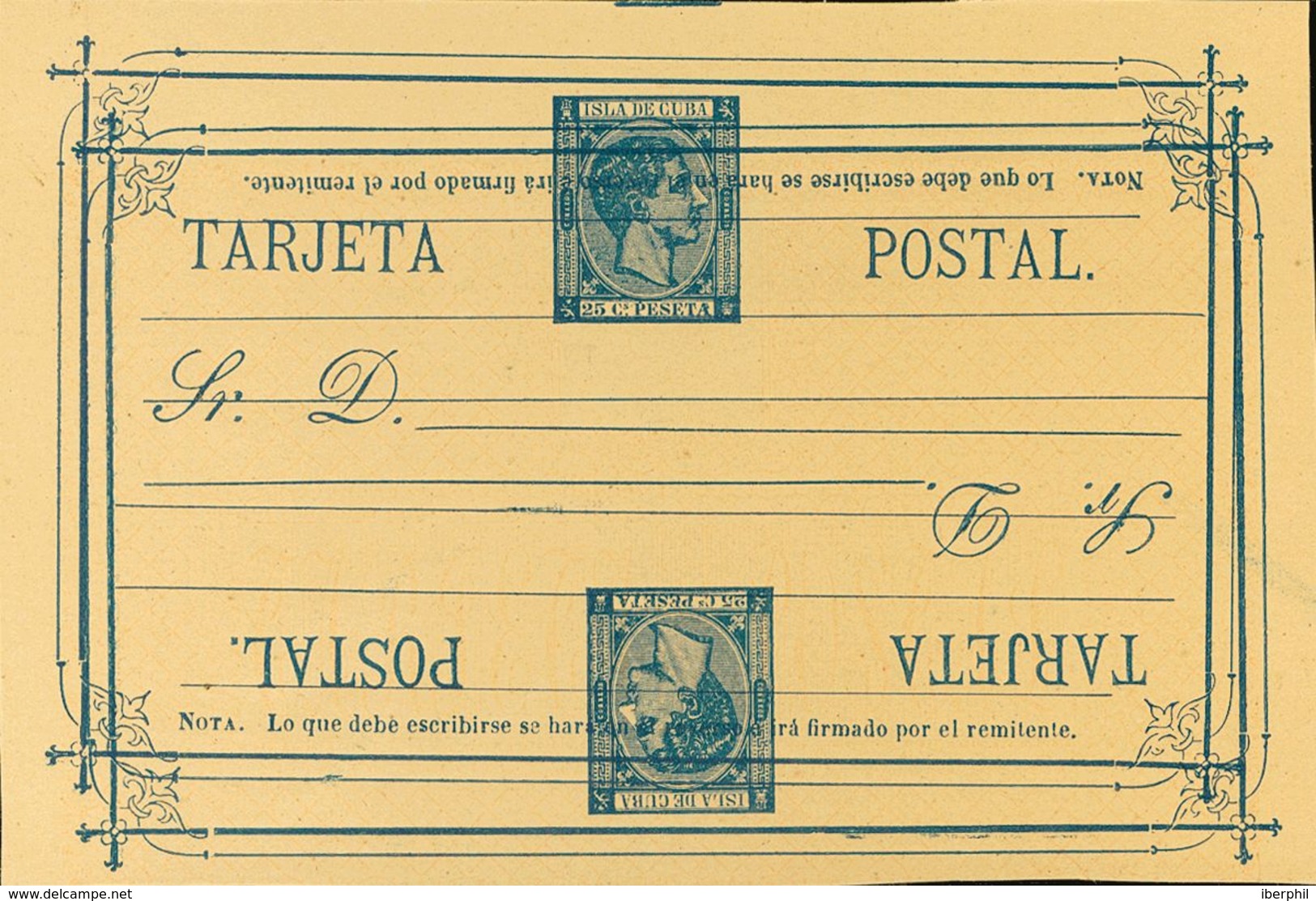 (*)EP1ea. 1878. 25 Cts Azul Sobre Tarjeta Entero Postal. Variedad DOBLE IMPRESION, UNA INVERTIDA. MAGNIFICA Y MUY RARA.  - Cuba (1874-1898)