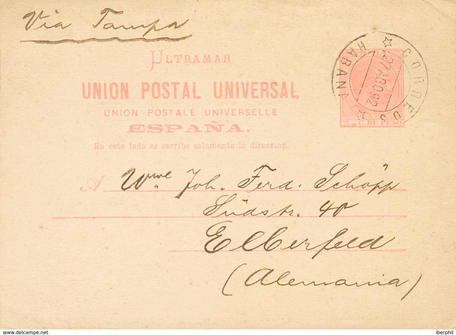 SOBRE EP12. 1882. 3 Ctvos Rosa Sobre Tarjeta Entero Postal De LA HABANA A EBERFELD (ALEMANIA). En El Frente Manuscrito " - Cuba (1874-1898)