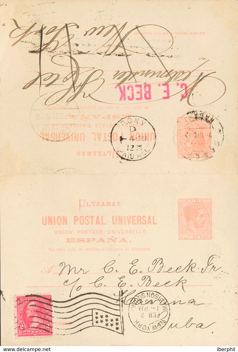 SOBRE EP14. 1898. 3 Ctvos + 3 Ctvos Rosa Sobre Tarjeta Entero Postal, De Ida Y Vuelta, La Ida De LA HABANA A NUEVA YORK  - Cuba (1874-1898)