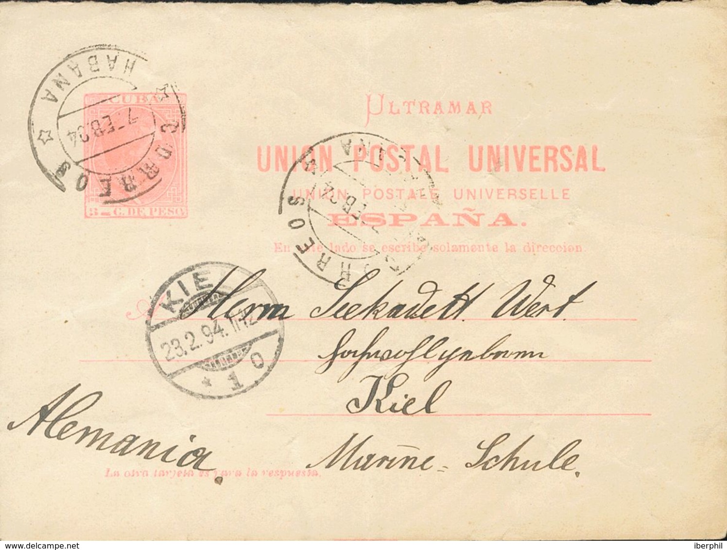 SOBRE EP14i. 1894. 3 Ctvos Rosa Sobre Tarjeta Entero Postal, De Ida, De LA HABANA A KIEL (ALEMANIA). En El Frente Llegad - Cuba (1874-1898)