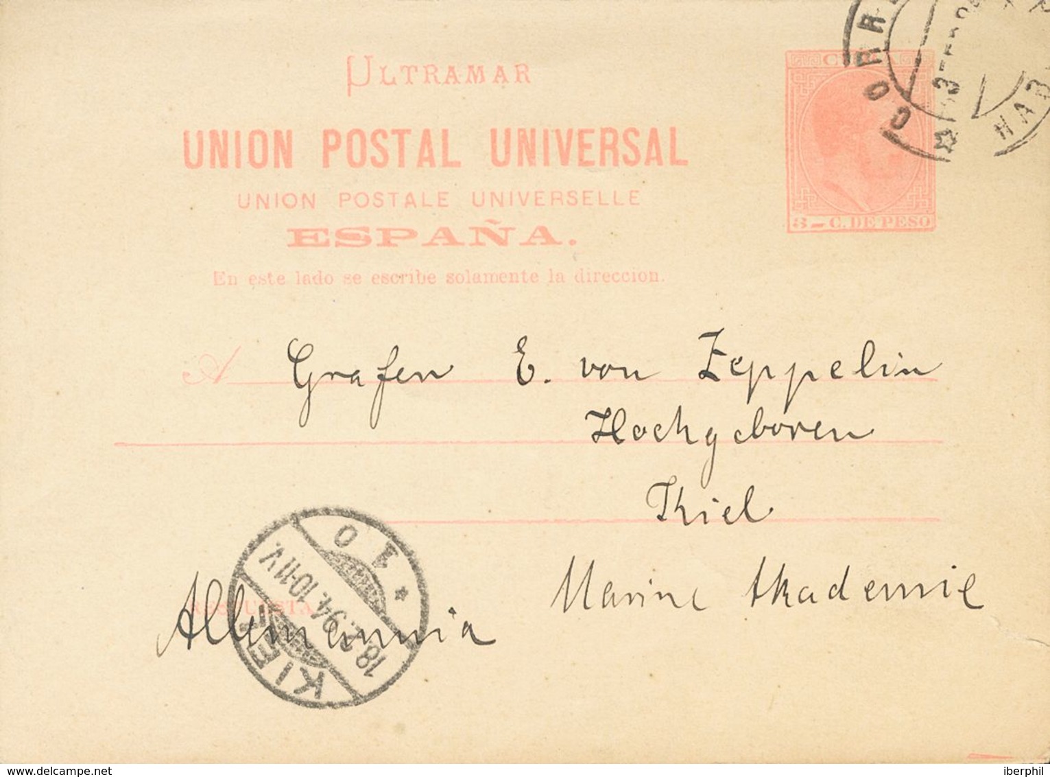 SOBRE EP14v. 1894. 3 Ctvos Rosa Sobre Tarjeta Entero Postal, De Vuelta, De LA HABANA A KIEL (ALEMANIA). En El Frente Lle - Cuba (1874-1898)