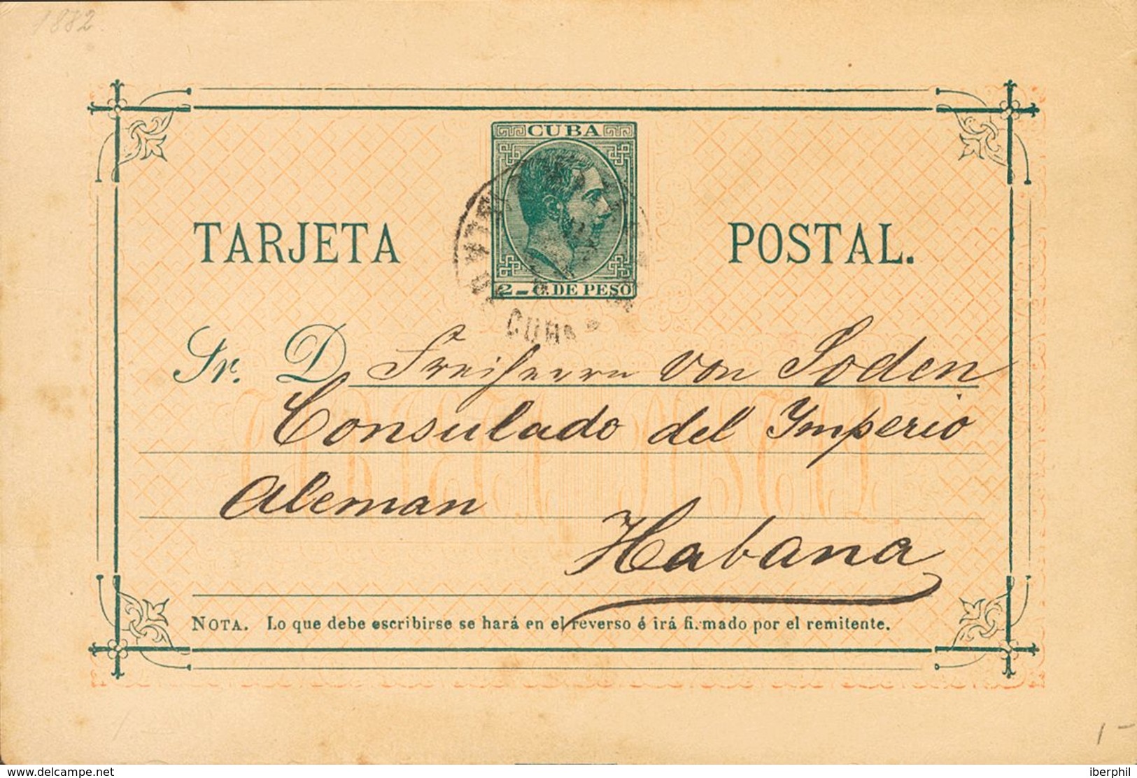 SOBRE EP16. 1884. 2 Ctvos Verde Oscuro Sobre Tarjeta Entero Postal De MATANZAS A LA HABANA. MAGNIFICA. - Cuba (1874-1898)