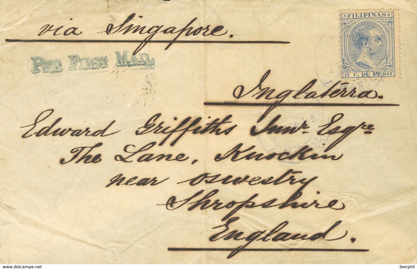 SOBRE 98. 1893. 8 Ctvos Ultramar. MANILA A SHROPSHIRE (INGLATERRA). En El Frente Manuscrito "Vía Singapore" Y Marca PER  - Philipines