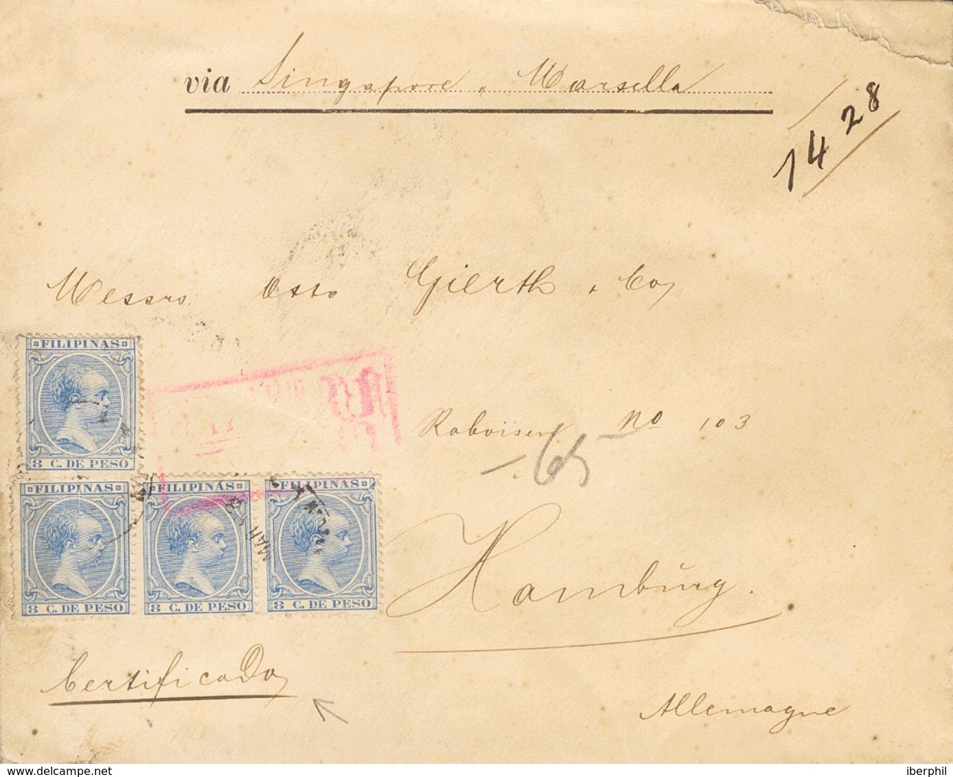 SOBRE 98. 1893. 8 Ctvos Ultramar, Cuatro Sellos. Certificado De MANILA A HAMBURGO (ALEMANIA). Al Dorso Llegada. MAGNIFIC - Philipines