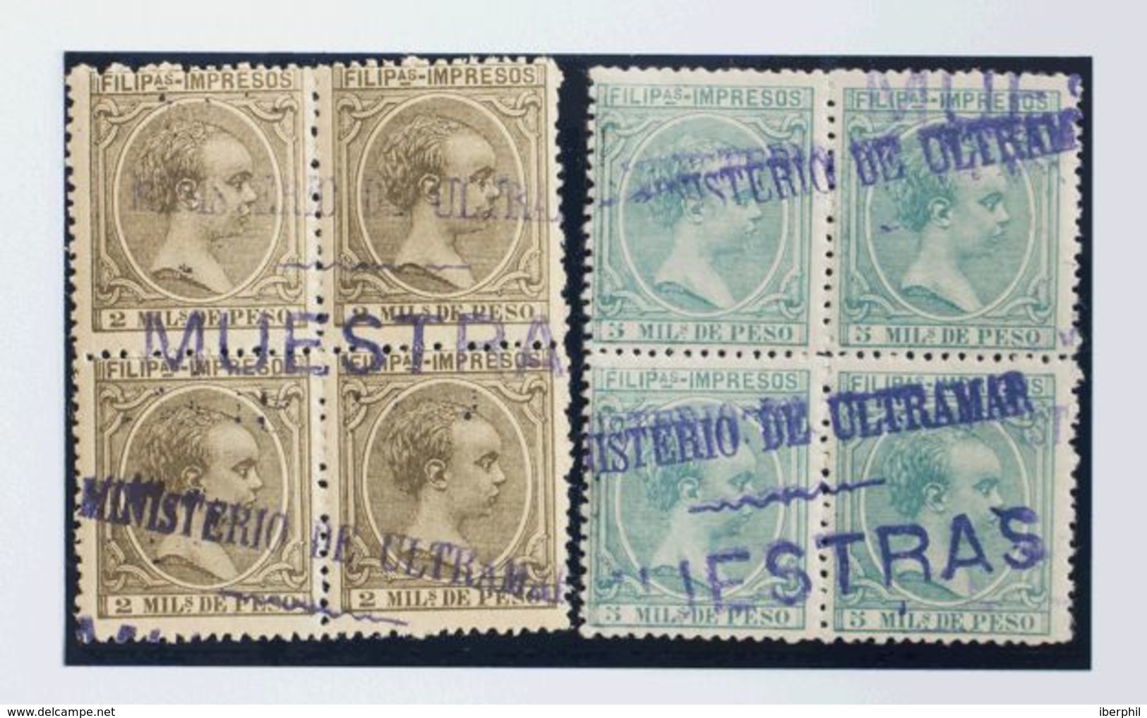 **106M(4), 111M(4). 1894. 2 Mils Gris Oliva Y 5 Mils Verde Claro, Bloques De Cuatro. Sobrecarga MINISTERIO DE ULTRAMAR / - Philipines