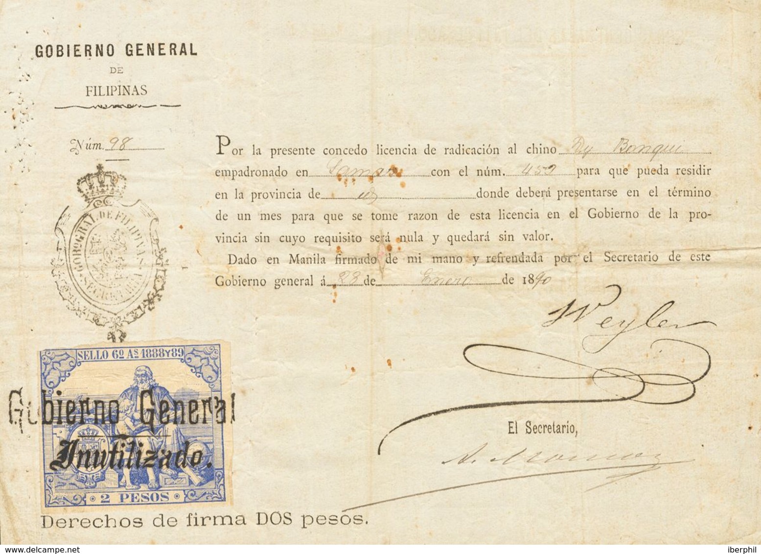SOBRE. 1890. 2 P Azul Ultramar. Licencia De "Radicación" Expedida En MANILA. Matasello GOBIERNO GENERAL / INUTILIZADO. M - Philipines