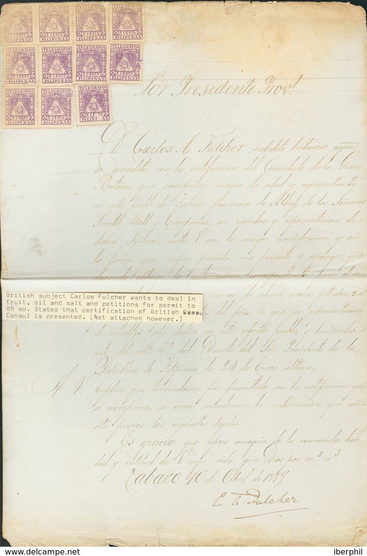 SOBRE 1(11). 1899. 2 Ctvos Violeta (telégrafos), Once Sellos, Sobre Documento De Autorización De Un Comercio En TABAKO,  - Philipines
