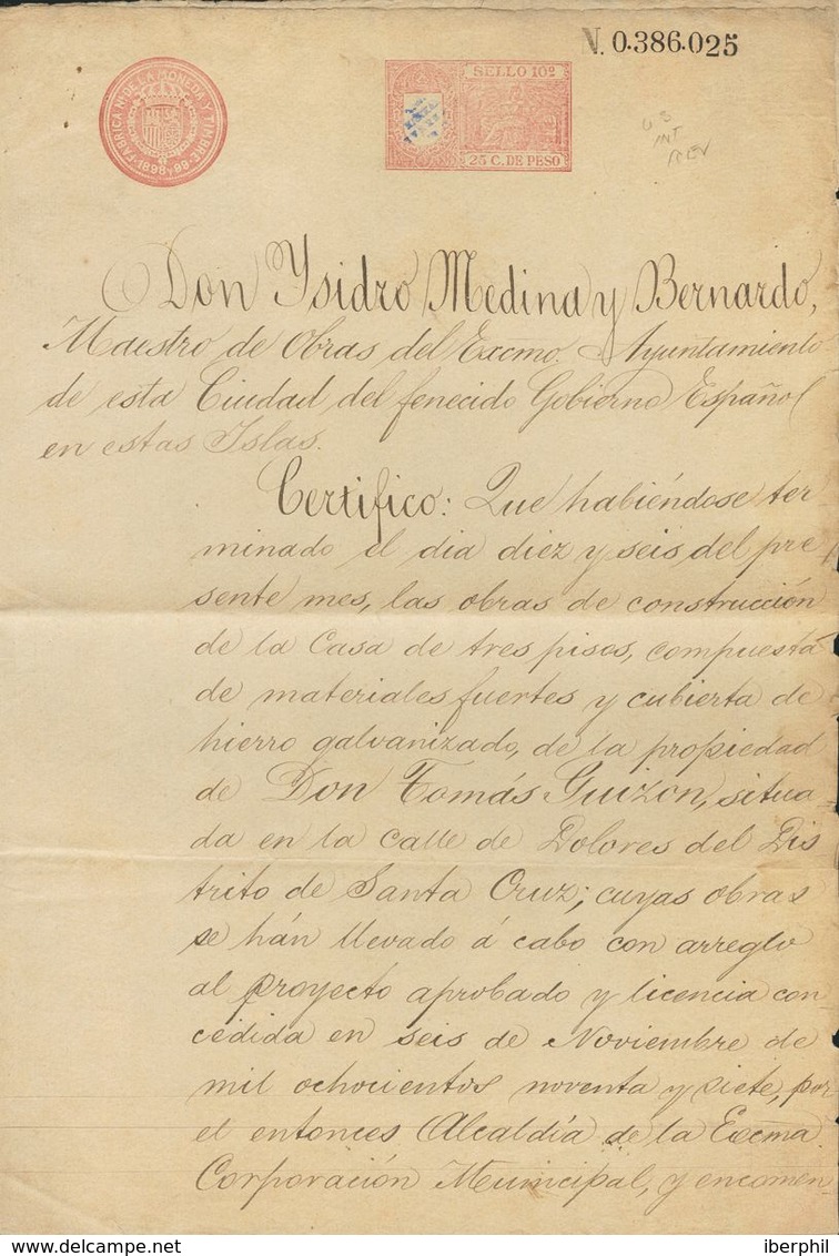 SOBRE. 1899. 25 Ctvos Carmín Rosa PAPEL SELLADO, Sobre Documento De Reconocimiento De Construcción De MANILA, Habilitaci - Philipines