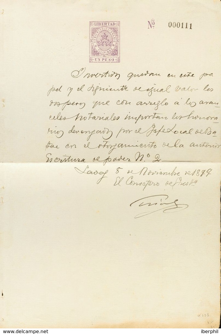 SOBRE. 1899. 1 Peso Violeta PAPEL SELLADO Sobre Documento Notarial De ALBAY, Del Gobierno Revolucionario. MAGNIFICO Y RA - Philipines