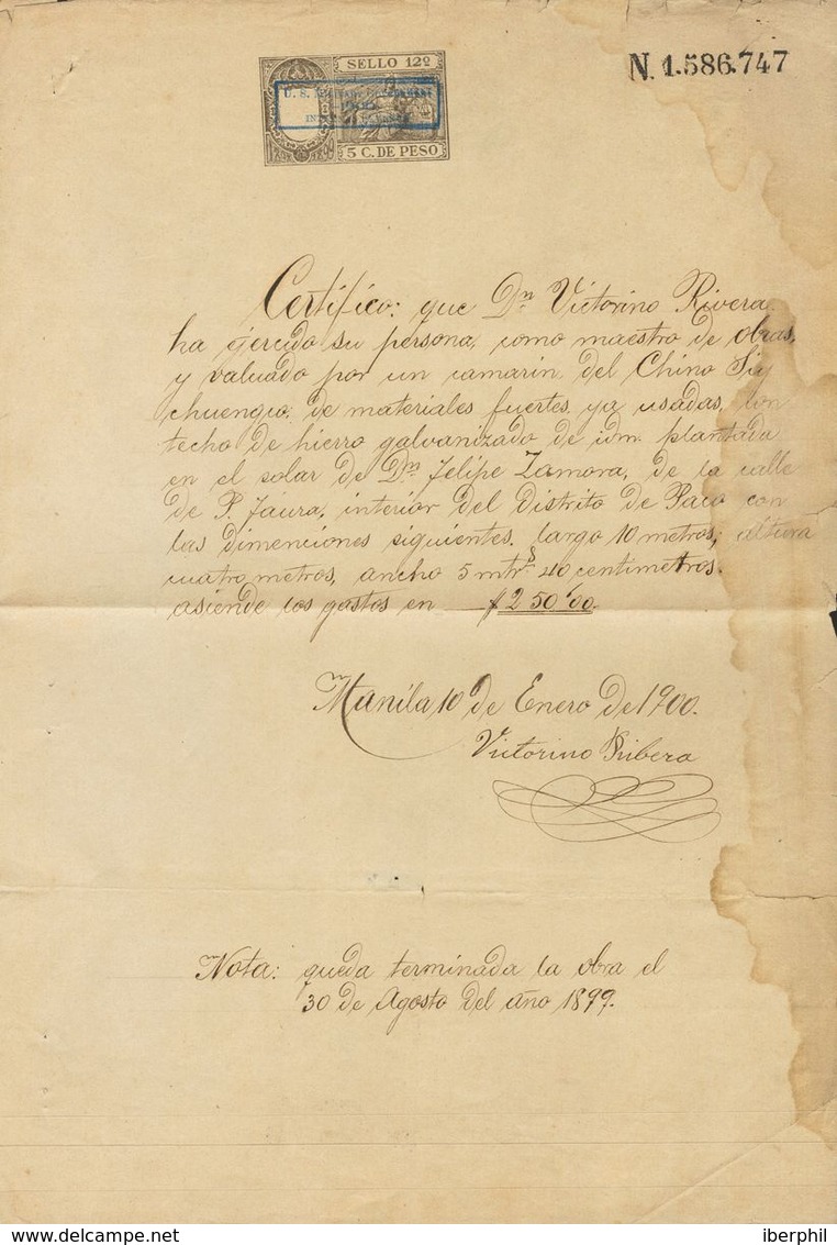 SOBRE. 1899. 5 Ctvos Negro PAPEL SELLADO, Sobre Documento De Obra De MANILA, Habilitación U.S. MILITARY GOVERNMENT / 190 - Philipines