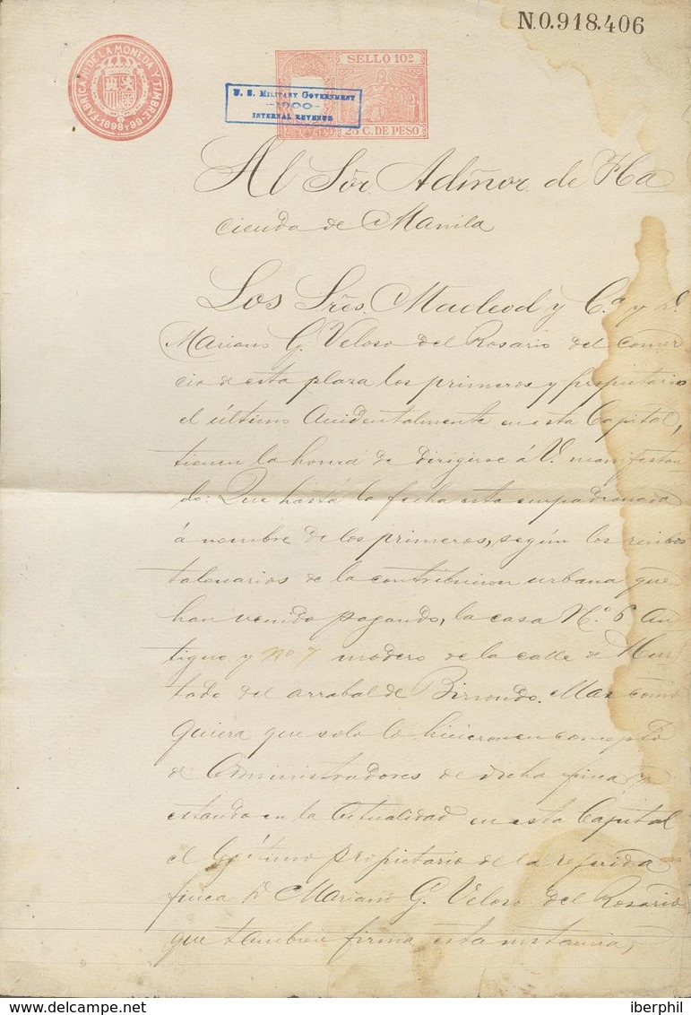 SOBRE. 1900. 25 Ctvos Rosa Carmín PAPEL SELLADO, Sobre Documento De Propiedad De MANILA, Habilitación U.S. MILITARY GOVE - Philipines