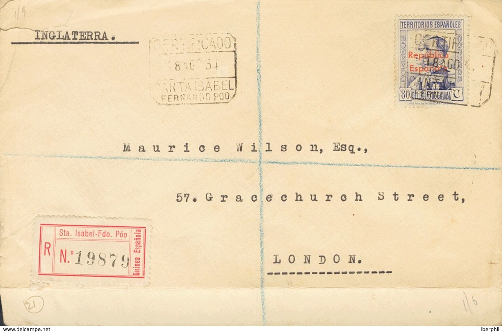 SOBRE 240. 1934. 80 Cts Azul. Certificado De SANTA ISABEL A LONDRES (INGLATERRA). MAGNIFICA. - Guinea Espagnole