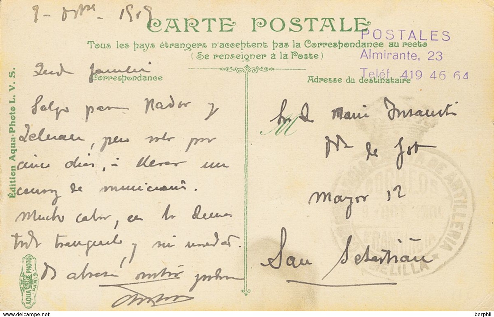 SOBRE. 1919. Tarjeta Postal Ilustrada De MELILLA A SAN SEBASTIAN. Marca De Franquicia COMANDANCIA EXENTA DE ARTILLERIA / - Maroc Espagnol