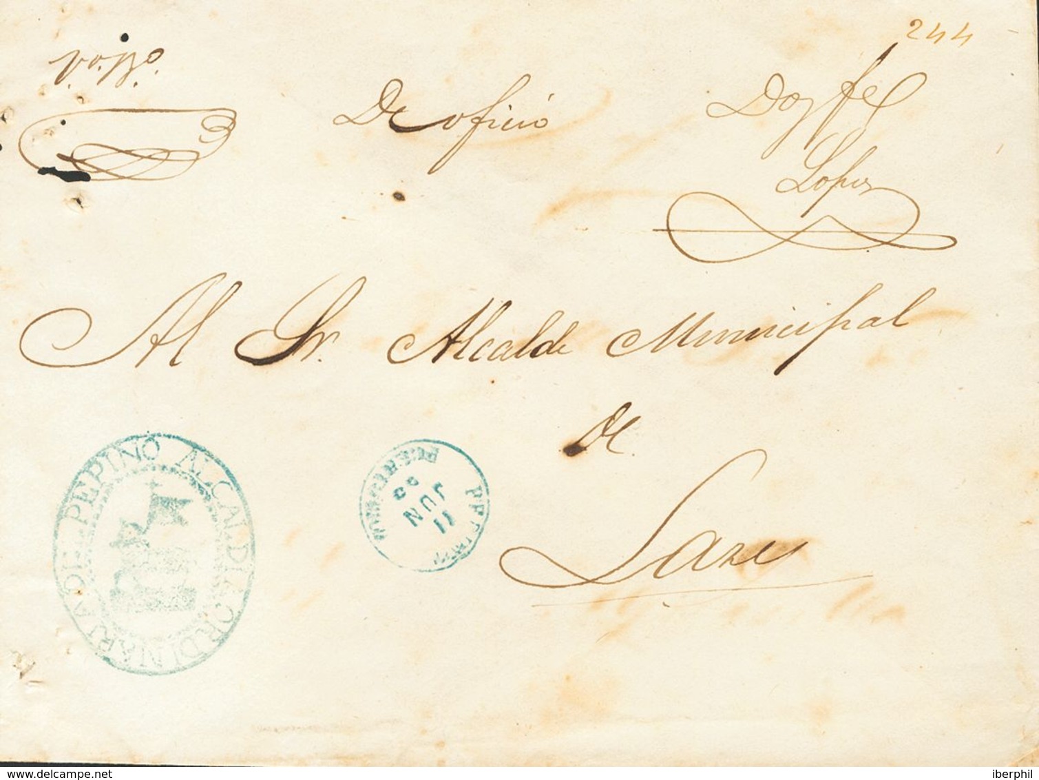 SOBRE. 1855. Plica Judicial De PEPINO A LARES. Fechador PEPINO / PUERTO RICO Y Marca Ovalada ALCALDIA ORDINARIA DE PEPIN - Puerto Rico