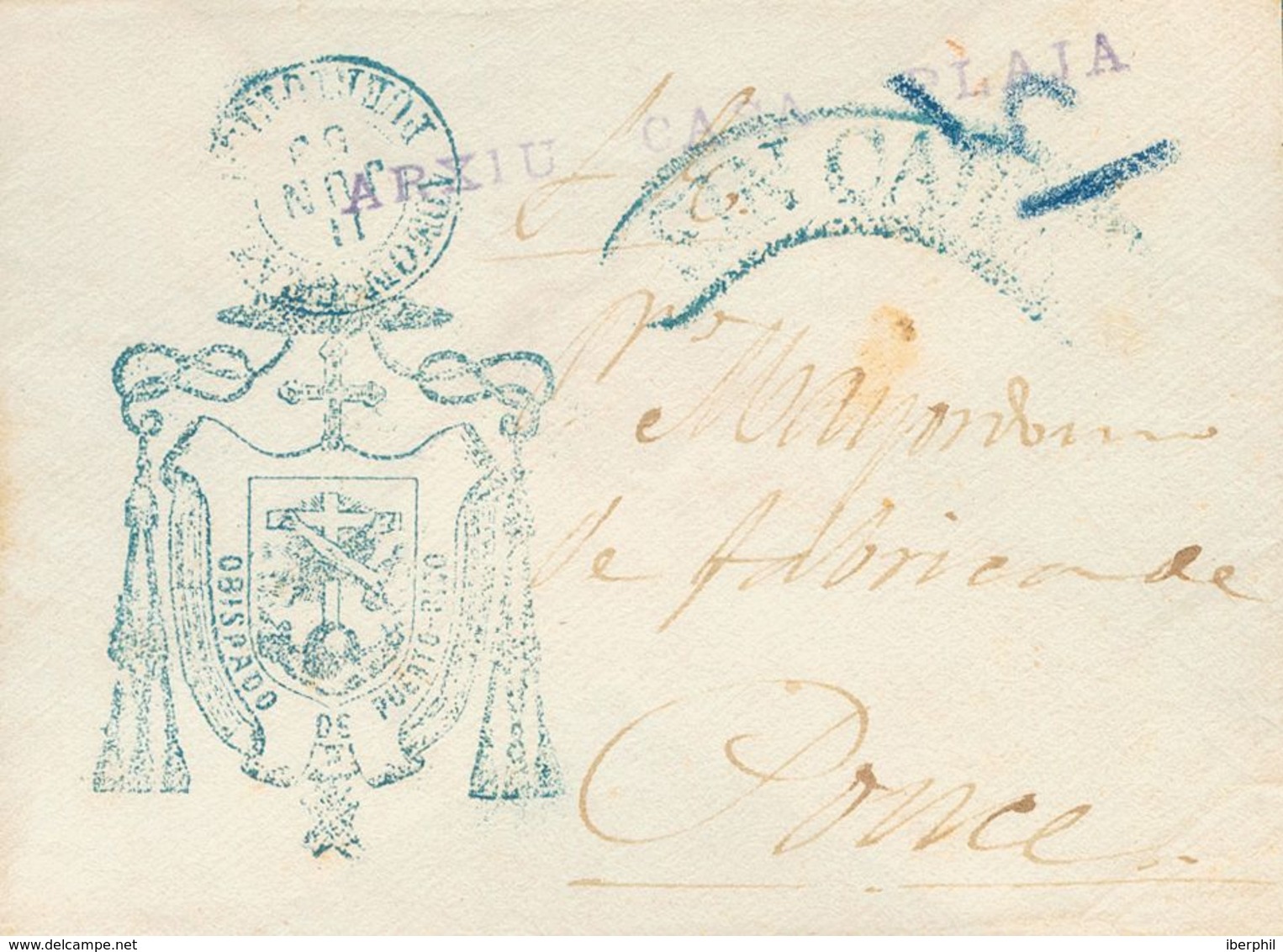 SOBRE. 1859. SAN JUAN A PONCE. Fechador ADMON.GRAL / PUERTO-RICO, En Azul Y Marca SIN CARGO, En Azul (P.E.12) Edición 20 - Puerto Rico