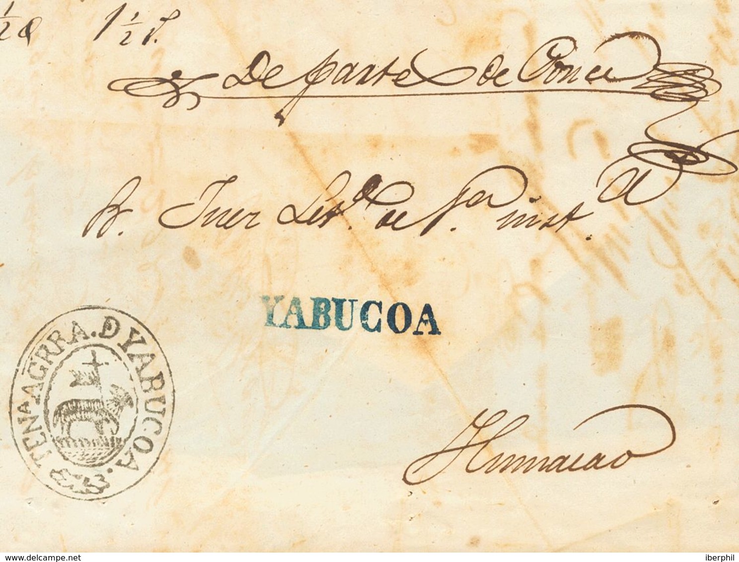 SOBRE. (1850ca). YABUCOA A HUMACAO. Marca YABUCOA, En Azul (P.E.1) Edición 2004. MAGNIFICA Y RARISIMA. Ex-Acevedo Y Roca - Puerto Rico