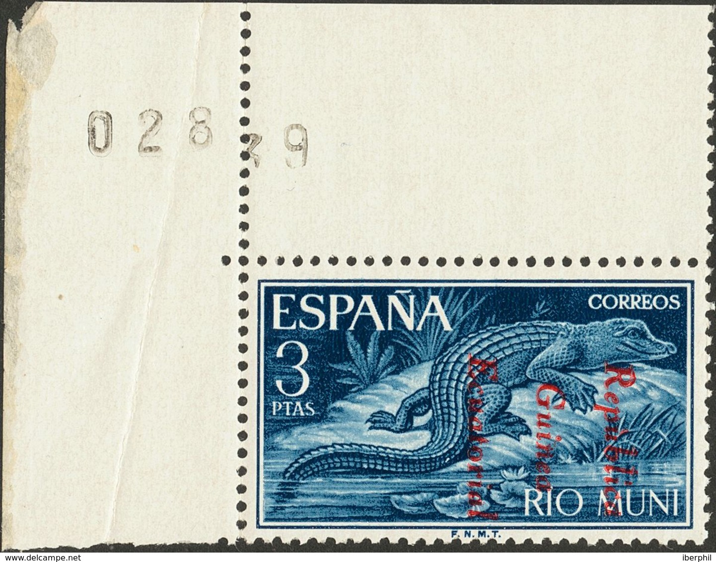 **54. 1964. 3 Pts Azul Violeta, Esquina De Pliego. Sobrecarga REPUBLICA / GUINEA / ECUATORIAL, En Rojo De Iniciativa Pri - Rio Muni