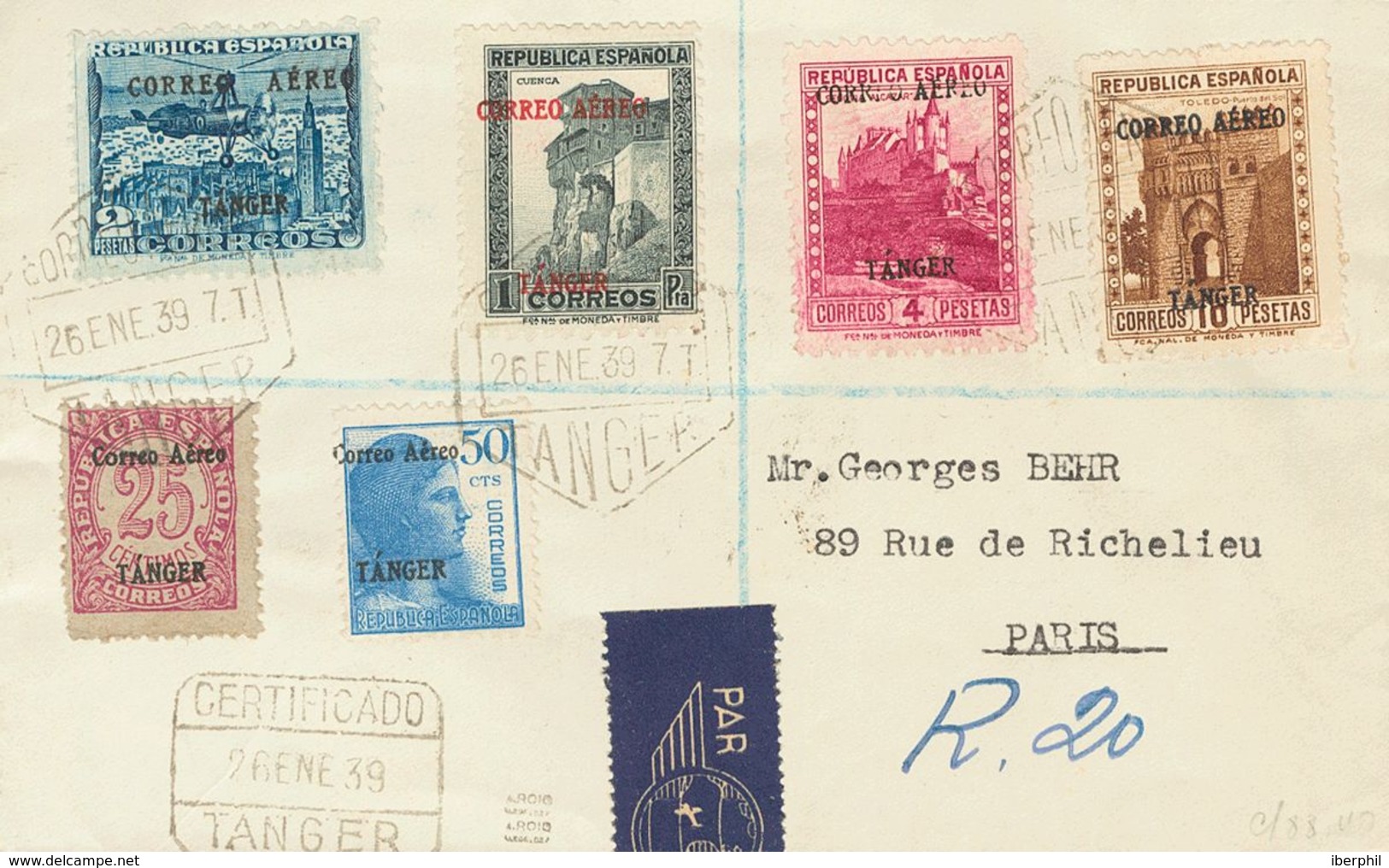 SOBRE 108/13. 1939. Serie Completa. Certificado De TANGER A PARIS (FRANCIA). Al Dorso Llegada. MAGNIFICA. - Maroc Espagnol