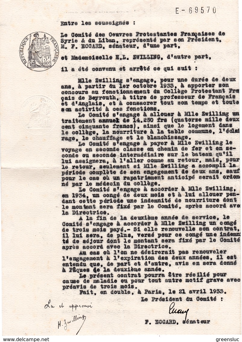 Contrat De Travail Entre Oeuvres Protestantes Françaises De Syrie & Du Liban Et Professeur College De Beyrouth, 1933. - Documenti Storici