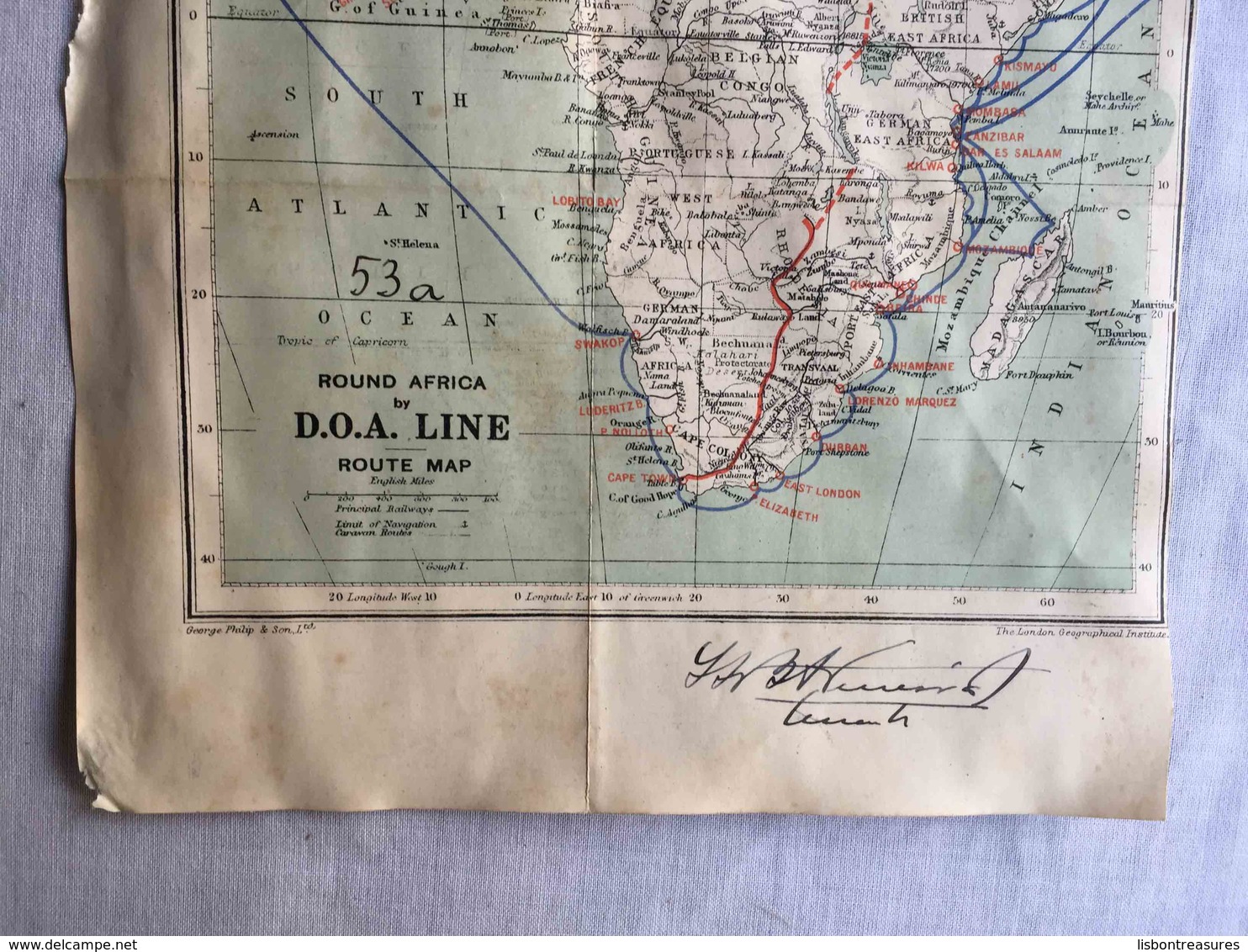 RARE ANTIQUE AFRICA ROUND AFRICA BY D.O.A. LINE ROUTE MAP BY GEORGE PHILIP & SON - LONDON GEOGRAPHICAL INSTITUTE - Altri & Non Classificati