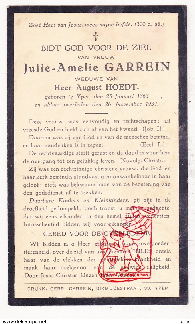 DP Julie A. Garrein ° Ieper 1863 † 1934 X A. Hoedt - Images Religieuses