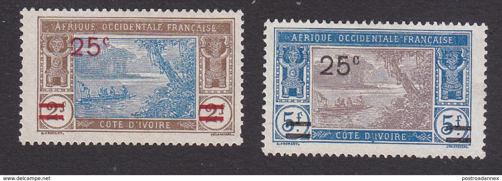 Ivory Coast, Scott #84-85, Mint No Gum, River Scene Surcharged, Issued 1924 - Unused Stamps