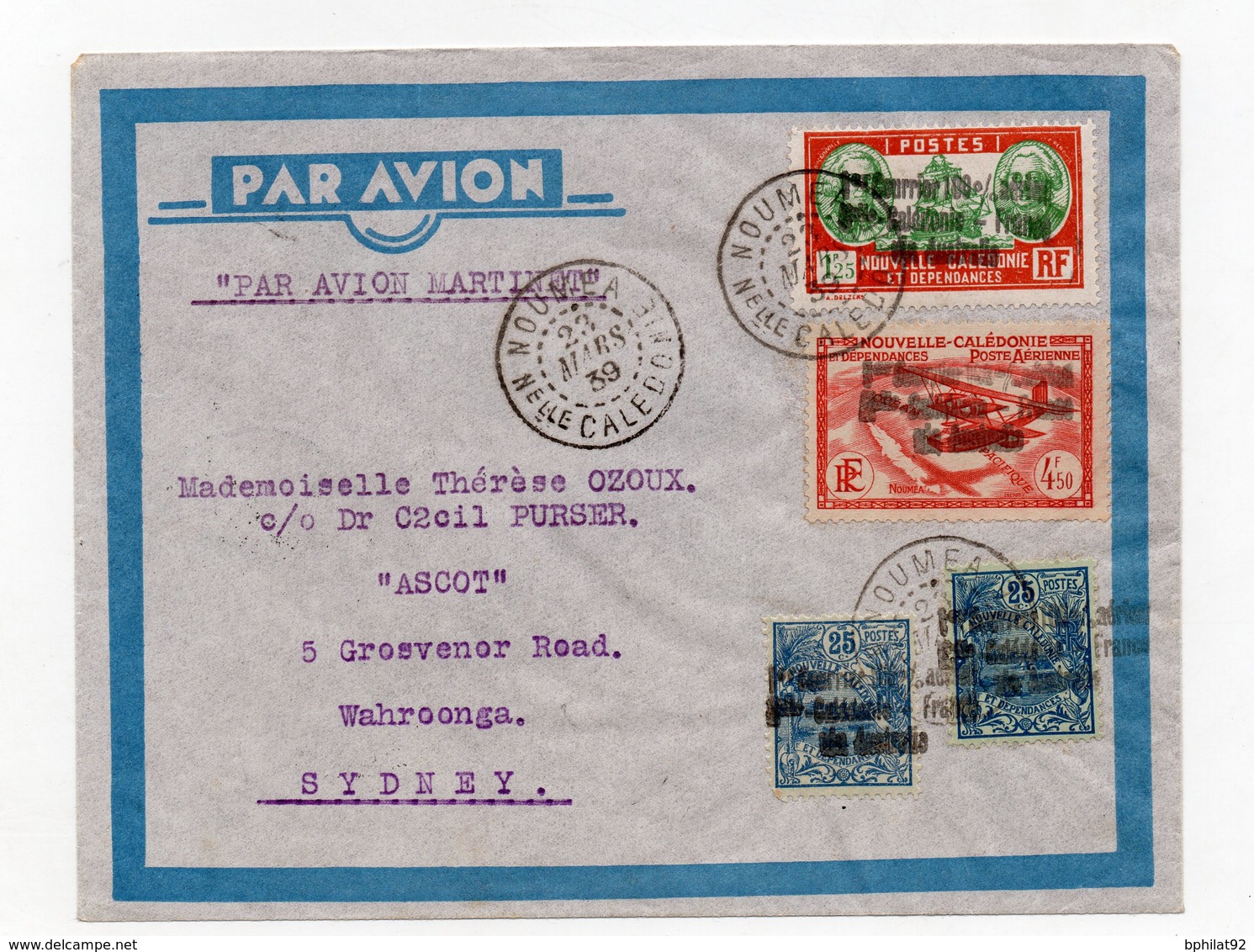 !!! PRIX FIXE 1ER COURRIER 100% AERIEN NOUVELLE CALEDONIE - FRANCE VIA AUSTRALIE. LETTRE POUR SYDNEY - Storia Postale