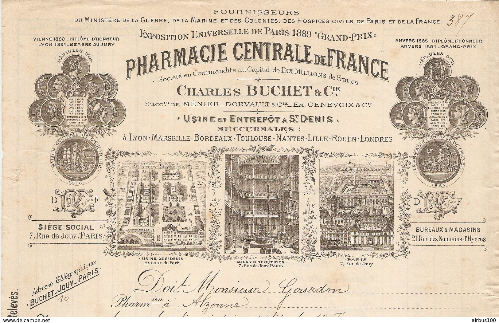 FACTURE 1898 Ch. BUCHET PHARMACIE CENTRALE DE FRANCE RUE DE JOUY PARIS 4 ème - St DENIS - OPIUM - GUERRE MARINE COLONIES - 1800 – 1899