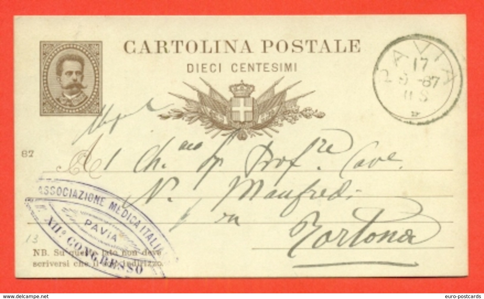 INTERI POSTALI REGNO-CARTOLINE POSTALI - CP N.5 -MILL. 87 - DA PAVIA PER TORTONA - MEDICINA - Interi Postali