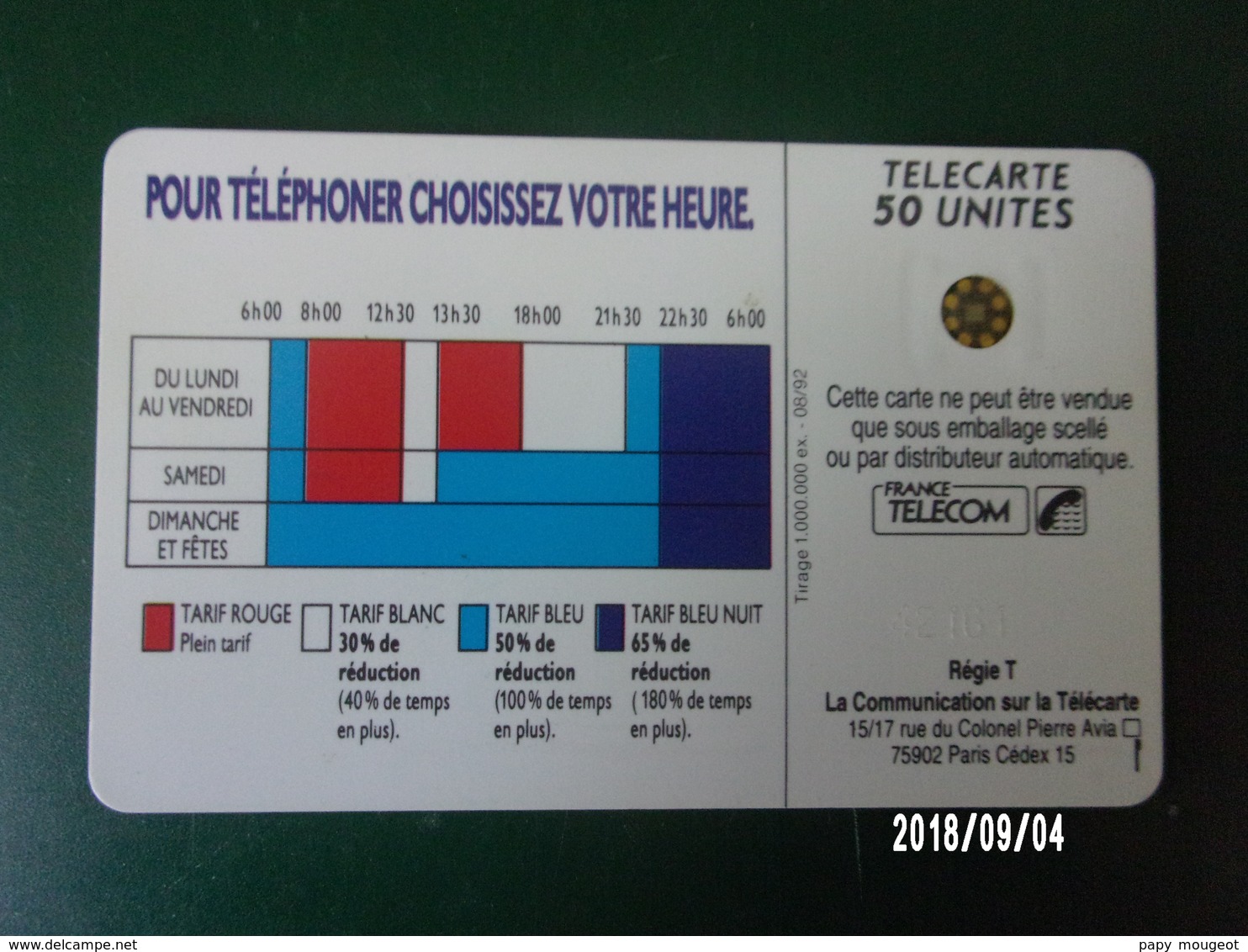 F280a Soleil Rouge 50U SC4 08/92 N°42161 Grand Embouti - 1992