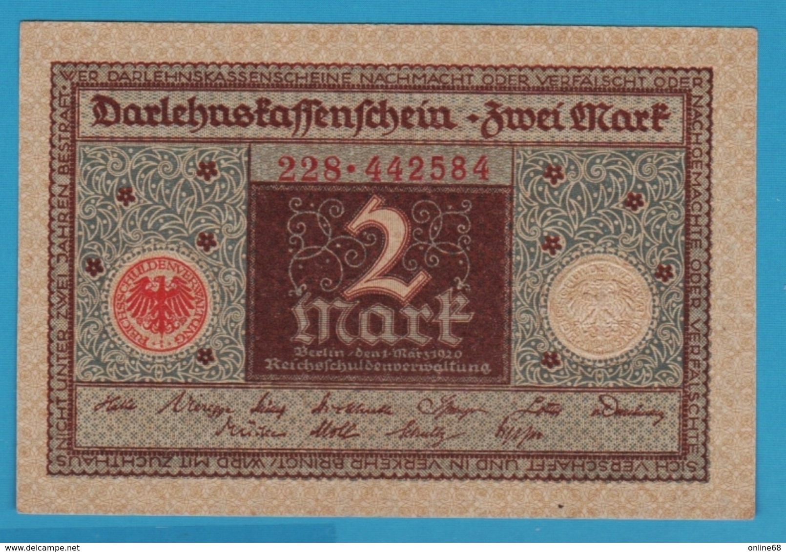 DEUTSCHES REICH 2 MARK 01.03.1920 SERIE 228.442584 P# 60 DARLEHENSKASSENSCHEIN - Administración De La Deuda