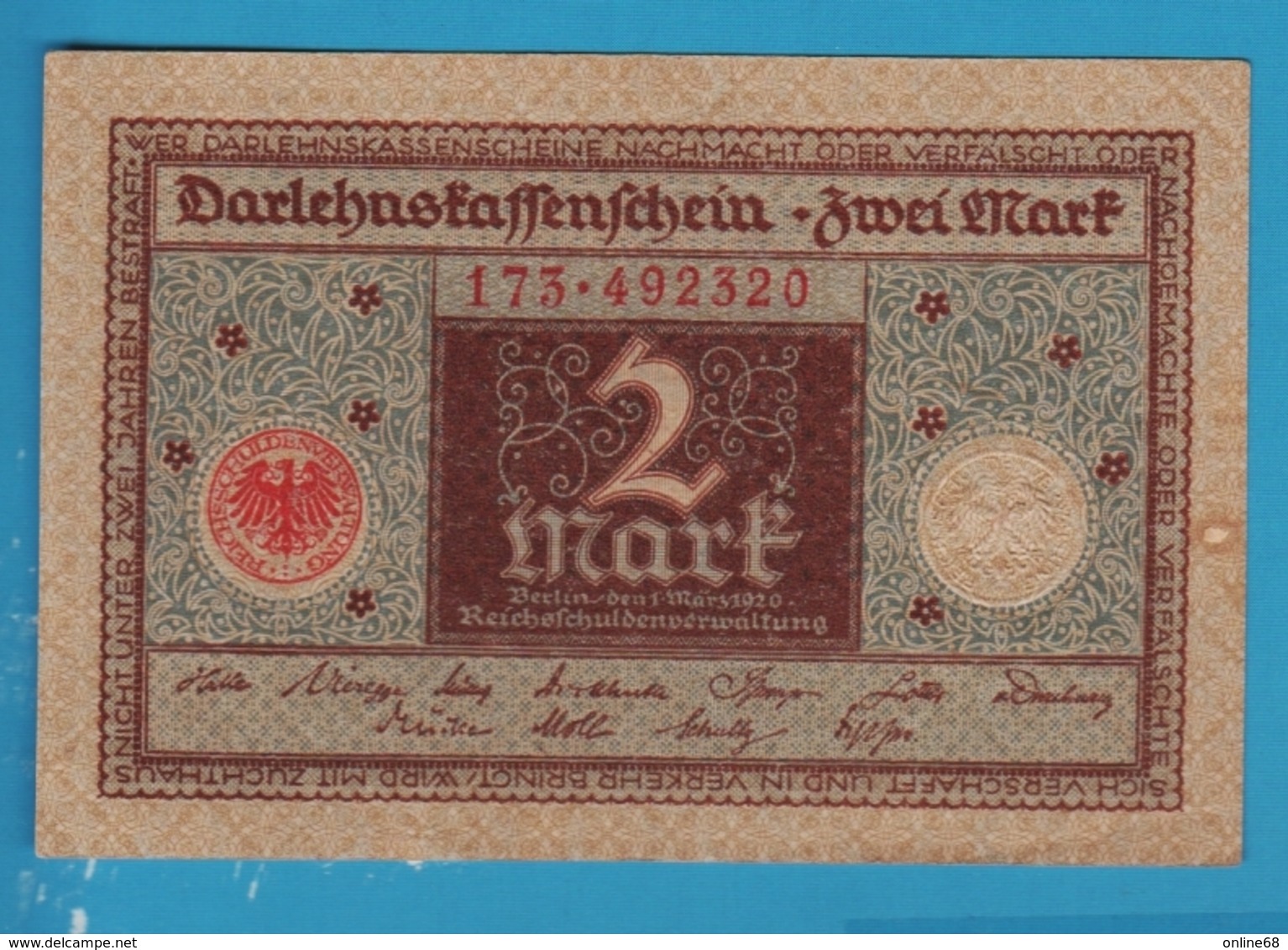 DEUTSCHES REICH 2 MARK 01.03.1920 SERIE 173.492320 P# 60 DARLEHENSKASSENSCHEIN - Reichsschuldenverwaltung