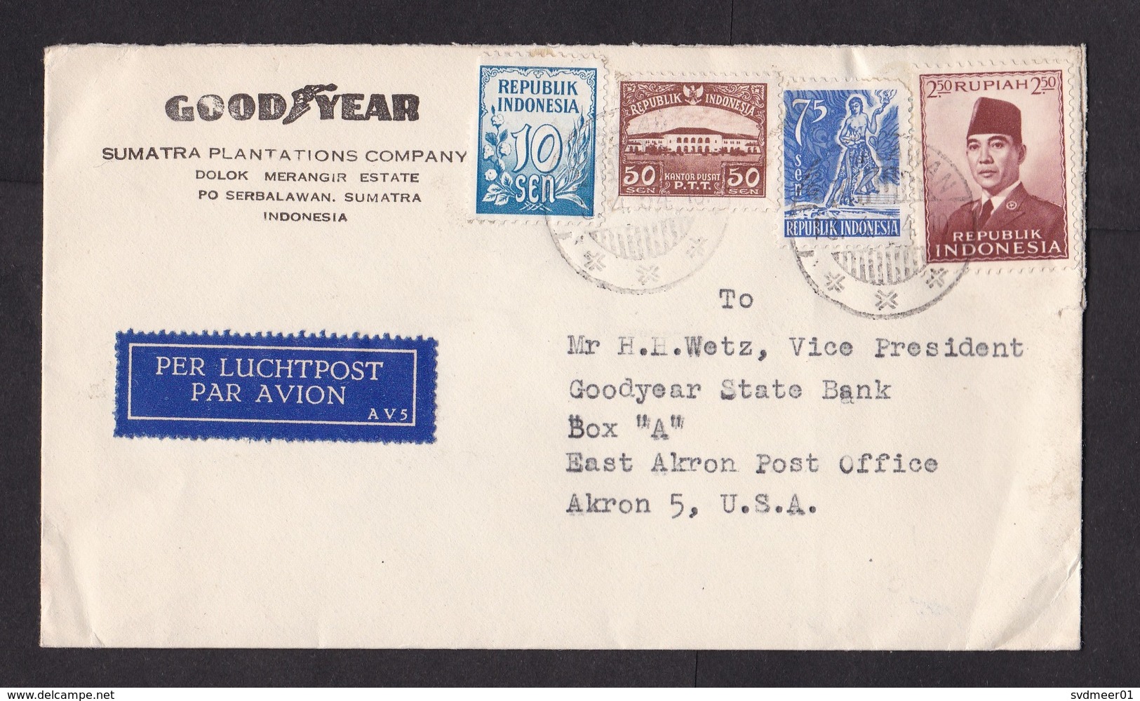 Indonesia: Airmail Cover To USA, 1954, 4 Stamps, Rare Airmail Label AV5, From Goodyear Serbalawan (left Stamp Damaged) - Indonesië