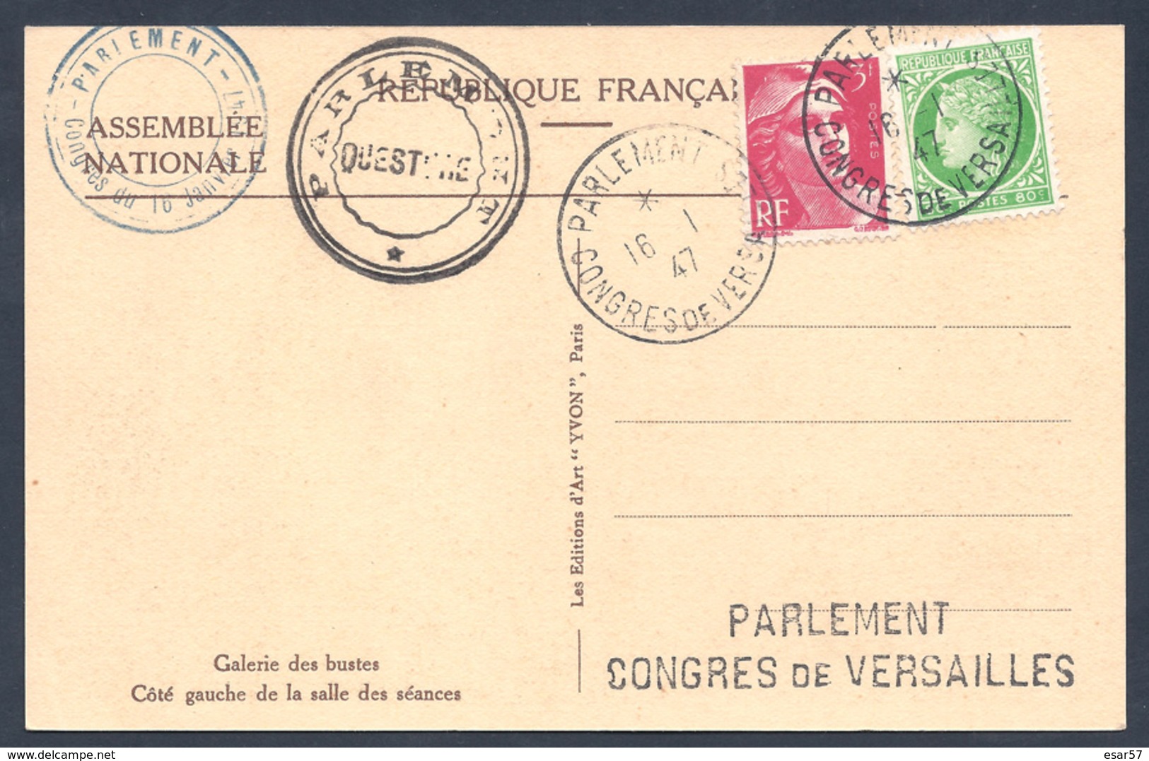 OBLITERATION SUR CARTE VERSAILLES CONGRES PARLEMENT DU 6/1/1947 - Temporary Postmarks