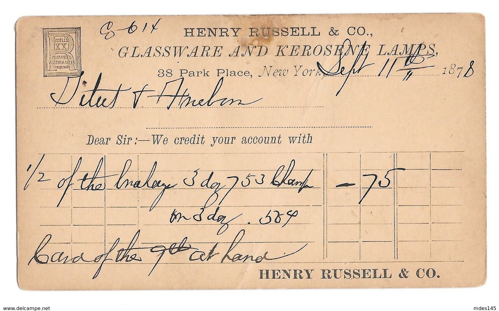 UX5 1878 New York NY Station 12 Ellipse Duplex Cancel Henry Russell Glassware Kerosene Lamps - Postal History